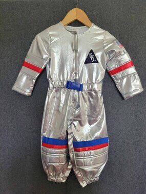 Pottery Barn Kids Astronaut Costume Jumpsuit Silver Metallic Blue Belt 12-24M
